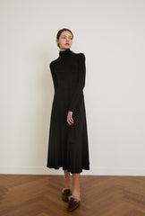 Cotton Midi Dress with Long Sleeves, High Neckline, and Draped Waist Tie for Elegant Fit