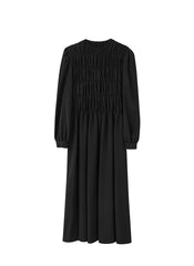 Elegant Long-Sleeve Linen Dress with Flowy A-Line Silhouette and Feminine Draped Bodice