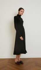 Cotton Midi Dress with Long Sleeves, High Neckline, and Draped Waist Tie for Elegant Fit