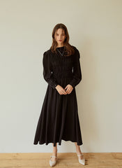 Elegant Long-Sleeve Linen Dress with Flowy A-Line Silhouette and Feminine Draped Bodice