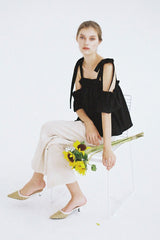 Linen Blouse With Shoulder Tie Straps And Ruffled Off-Shoulder Sleeve Detail