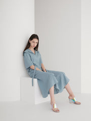 Short Sleeve Linen Midi Dress with Wide Collar, Flowing Skirt, and Adjustable Waist Belt