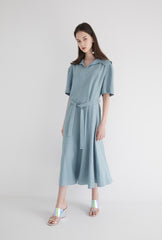 Short Sleeve Linen Midi Dress with Wide Collar, Flowing Skirt, and Adjustable Waist Belt