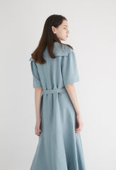 Short Sleeve Linen Midi Dress with Wide Collar, Flowing Skirt, and Adjustable Waist Belt