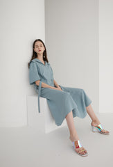 Short Sleeve Linen Midi Dress with Wide Collar, Flowing Skirt, and Adjustable Waist Belt