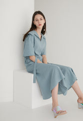 Short Sleeve Linen Midi Dress with Wide Collar, Flowing Skirt, and Adjustable Waist Belt