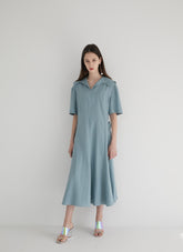 Short Sleeve Linen Midi Dress with Wide Collar, Flowing Skirt, and Adjustable Waist Belt