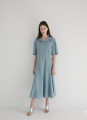 Short Sleeve Linen Midi Dress with Wide Collar, Flowing Skirt, and Adjustable Waist Belt