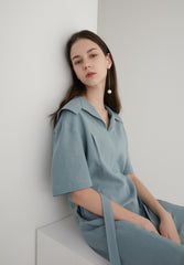 Short Sleeve Linen Midi Dress with Wide Collar, Flowing Skirt, and Adjustable Waist Belt