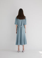 Short Sleeve Linen Midi Dress with Wide Collar, Flowing Skirt, and Adjustable Waist Belt