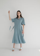 Short Sleeve Linen Midi Dress with Wide Collar, Flowing Skirt, and Adjustable Waist Belt