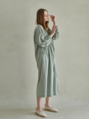 Textured Gathered Linen Midi Dress with Long Sleeves and Sculpted Elastic Waist Detail