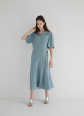 Short Sleeve Linen Midi Dress with Wide Collar, Flowing Skirt, and Adjustable Waist Belt