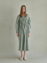 Textured Gathered Linen Midi Dress with Long Sleeves and Sculpted Elastic Waist Detail