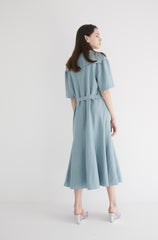 Short Sleeve Linen Midi Dress with Wide Collar, Flowing Skirt, and Adjustable Waist Belt