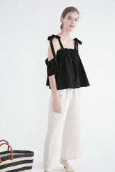 Linen Blouse With Shoulder Tie Straps And Ruffled Off-Shoulder Sleeve Detail