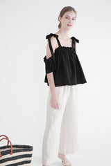 Linen Blouse With Shoulder Tie Straps And Ruffled Off-Shoulder Sleeve Detail