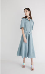Short Sleeve Linen Midi Dress with Wide Collar, Flowing Skirt, and Adjustable Waist Belt