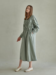 Textured Gathered Linen Midi Dress with Long Sleeves and Sculpted Elastic Waist Detail