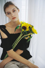 Linen Blouse With Shoulder Tie Straps And Ruffled Off-Shoulder Sleeve Detail