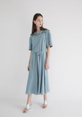 Short Sleeve Linen Midi Dress with Wide Collar, Flowing Skirt, and Adjustable Waist Belt