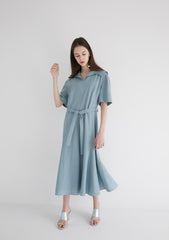 Short Sleeve Linen Midi Dress with Wide Collar, Flowing Skirt, and Adjustable Waist Belt
