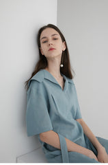 Short Sleeve Linen Midi Dress with Wide Collar, Flowing Skirt, and Adjustable Waist Belt