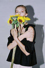 Linen Blouse With Shoulder Tie Straps And Ruffled Off-Shoulder Sleeve Detail