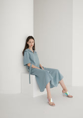 Short Sleeve Linen Midi Dress with Wide Collar, Flowing Skirt, and Adjustable Waist Belt