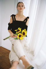 Linen Blouse With Shoulder Tie Straps And Ruffled Off-Shoulder Sleeve Detail