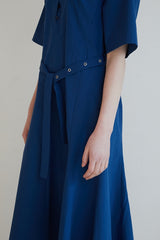 Short Sleeve Linen Midi Dress with Wide Collar, Button Front, Flared Skirt, and Belted Waist