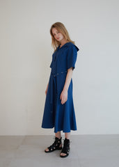 Short Sleeve Linen Midi Dress with Wide Collar, Button Front, Flared Skirt, and Belted Waist