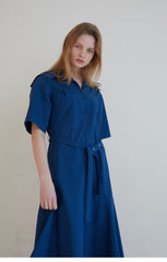 Short Sleeve Linen Midi Dress with Wide Collar, Button Front, Flared Skirt, and Belted Waist