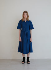 Short Sleeve Linen Midi Dress with Wide Collar, Button Front, Flared Skirt, and Belted Waist