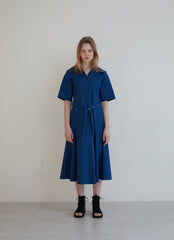 Short Sleeve Linen Midi Dress with Wide Collar, Button Front, Flared Skirt, and Belted Waist