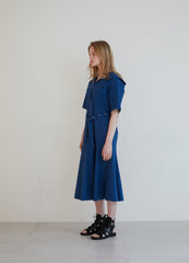Short Sleeve Linen Midi Dress with Wide Collar, Button Front, Flared Skirt, and Belted Waist