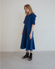 Short Sleeve Linen Midi Dress with Wide Collar, Button Front, Flared Skirt, and Belted Waist