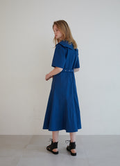 Short Sleeve Linen Midi Dress with Wide Collar, Button Front, Flared Skirt, and Belted Waist