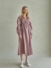 Gathered Linen Long Sleeve Midi Dress with Textured Bodice and Side Tie Detailing