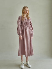 Gathered Linen Long Sleeve Midi Dress with Textured Bodice and Side Tie Detailing