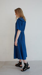 Short Sleeve Linen Midi Dress with Wide Collar, Button Front, Flared Skirt, and Belted Waist