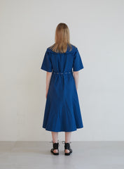 Short Sleeve Linen Midi Dress with Wide Collar, Button Front, Flared Skirt, and Belted Waist