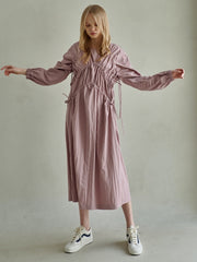 Gathered Linen Long Sleeve Midi Dress with Textured Bodice and Side Tie Detailing