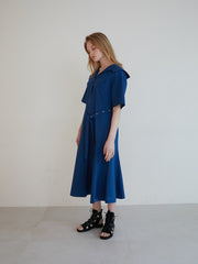 Short Sleeve Linen Midi Dress with Wide Collar, Button Front, Flared Skirt, and Belted Waist