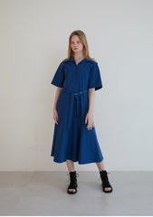 Short Sleeve Linen Midi Dress with Wide Collar, Button Front, Flared Skirt, and Belted Waist