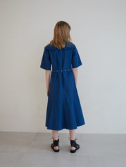 Short Sleeve Linen Midi Dress with Wide Collar, Button Front, Flared Skirt, and Belted Waist