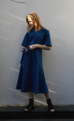 Short Sleeve Linen Midi Dress with Wide Collar, Button Front, Flared Skirt, and Belted Waist