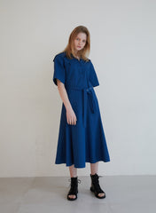 Short Sleeve Linen Midi Dress with Wide Collar, Button Front, Flared Skirt, and Belted Waist