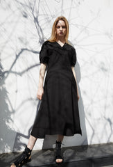 Linen Midi Dress with Puff Sleeves, V-Neckline, Flared Skirt, and Adjustable Waist Belt