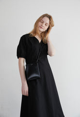 Linen Midi Dress with Puff Sleeves, V-Neckline, Flared Skirt, and Adjustable Waist Belt